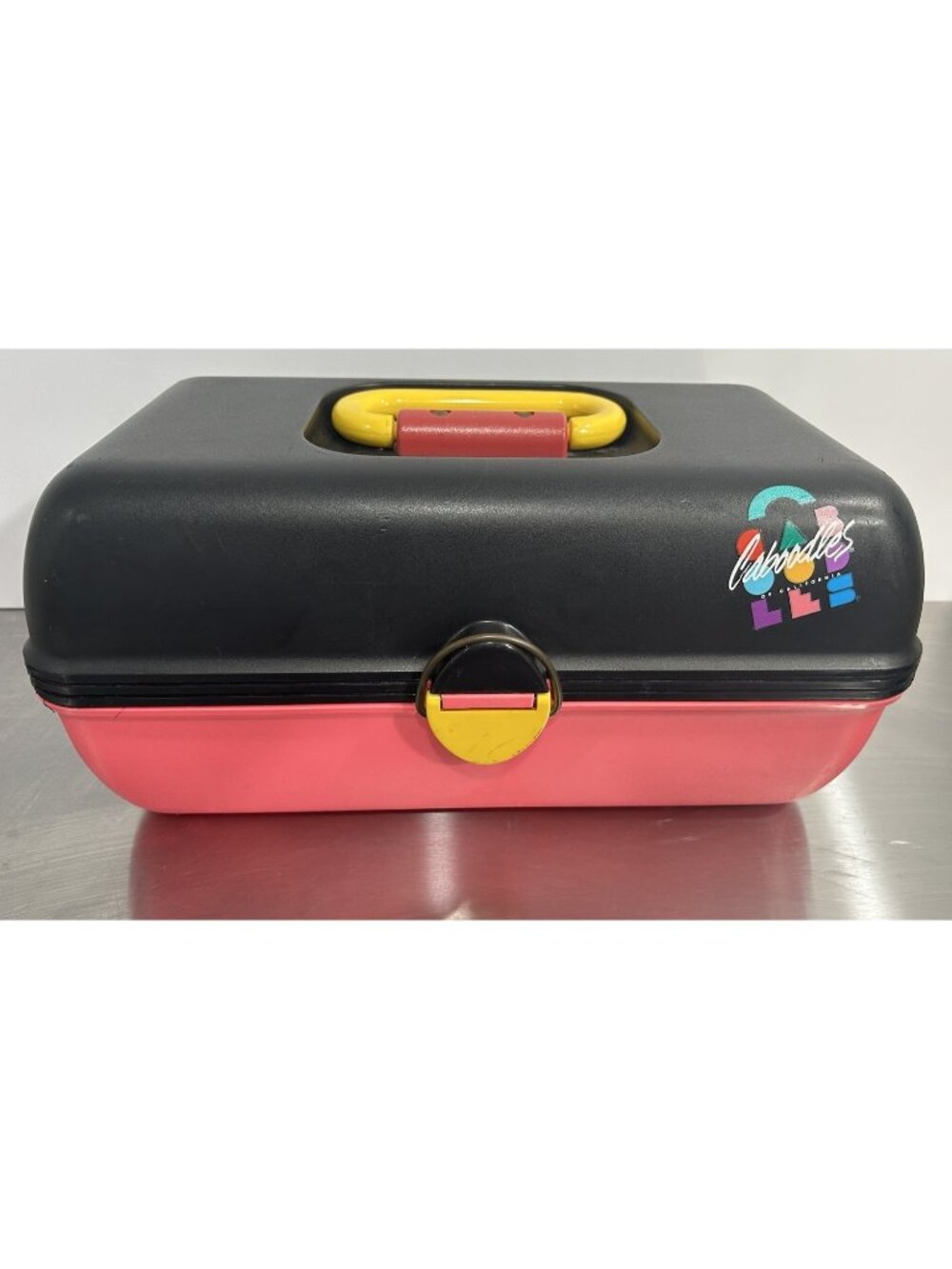 Vtg 90s Caboodles of California Makeup Organizer Case Black Pink Yellow Mirror